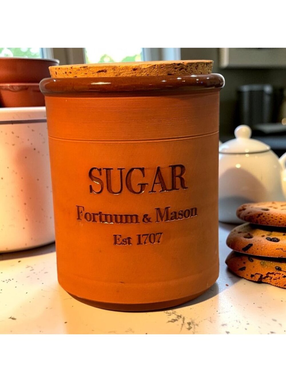 Fortnum & Mason Suffolk Potteries Sugar Jar Terracotta Crock Cork Lid England